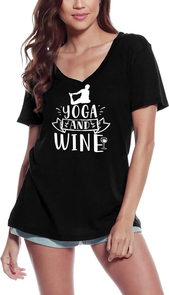 Damen Grafik T-Shirt V-Ausschnitt Yoga und Wein – Yoga And Wine – Öko-Verantwortlich Vintage Jahrgang Kurzarm Lustige Druck Geburtstag Geschen...