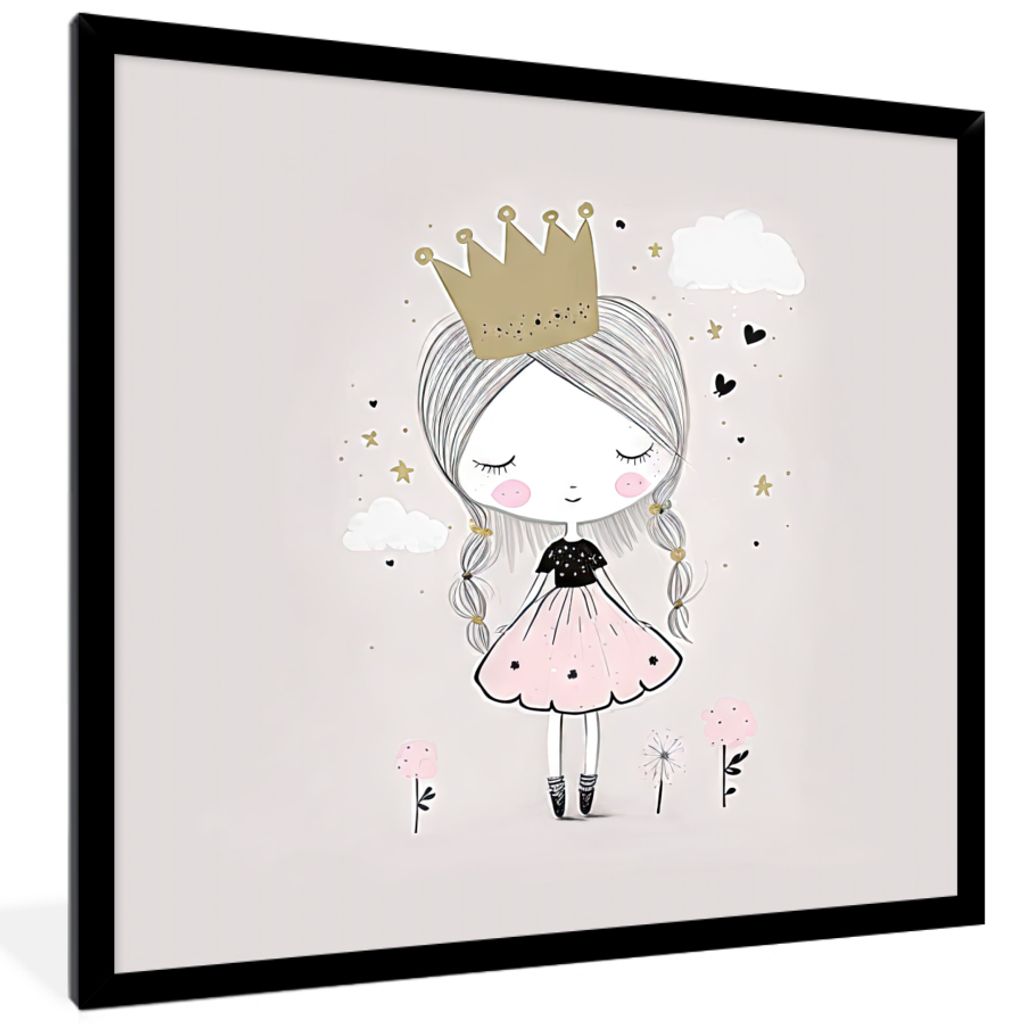 MuchoWow Gerahmtes Poster Prinzessin - Blumen - Krone - Mädchen - Sterne 40x40 cm - Poster mit Schwarzem Bilderrahmen Wandposter Rahmen Foto Bil...