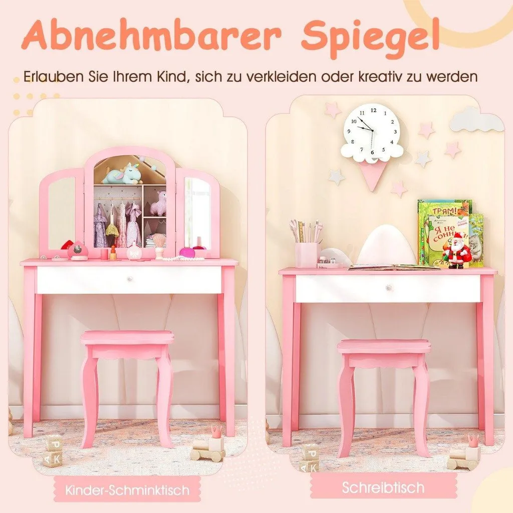 Coiffeuse enfants avec miroir pliant et tabouret rose et blanc CF12