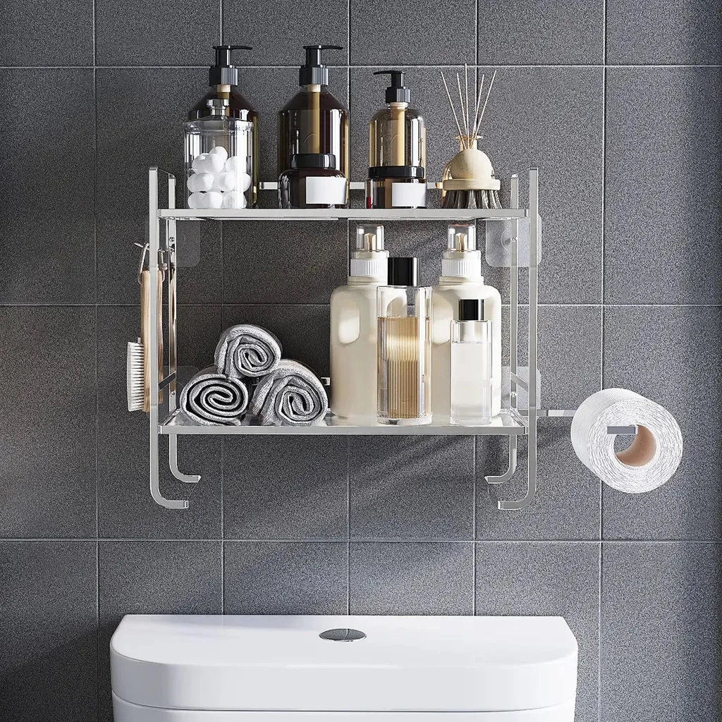 Étagère WC 2 niveaux verte avec porte-papier et crochets amovibles