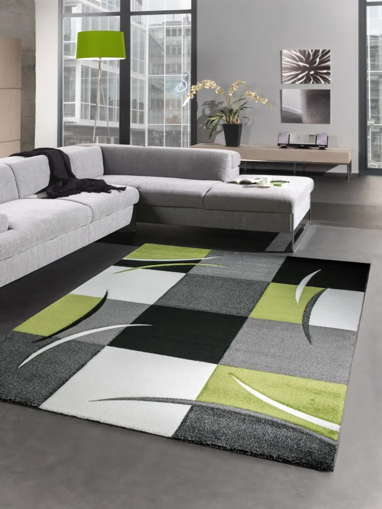 Tapis salon motif géométrique vert et noir 80x300 cm - Texture confort