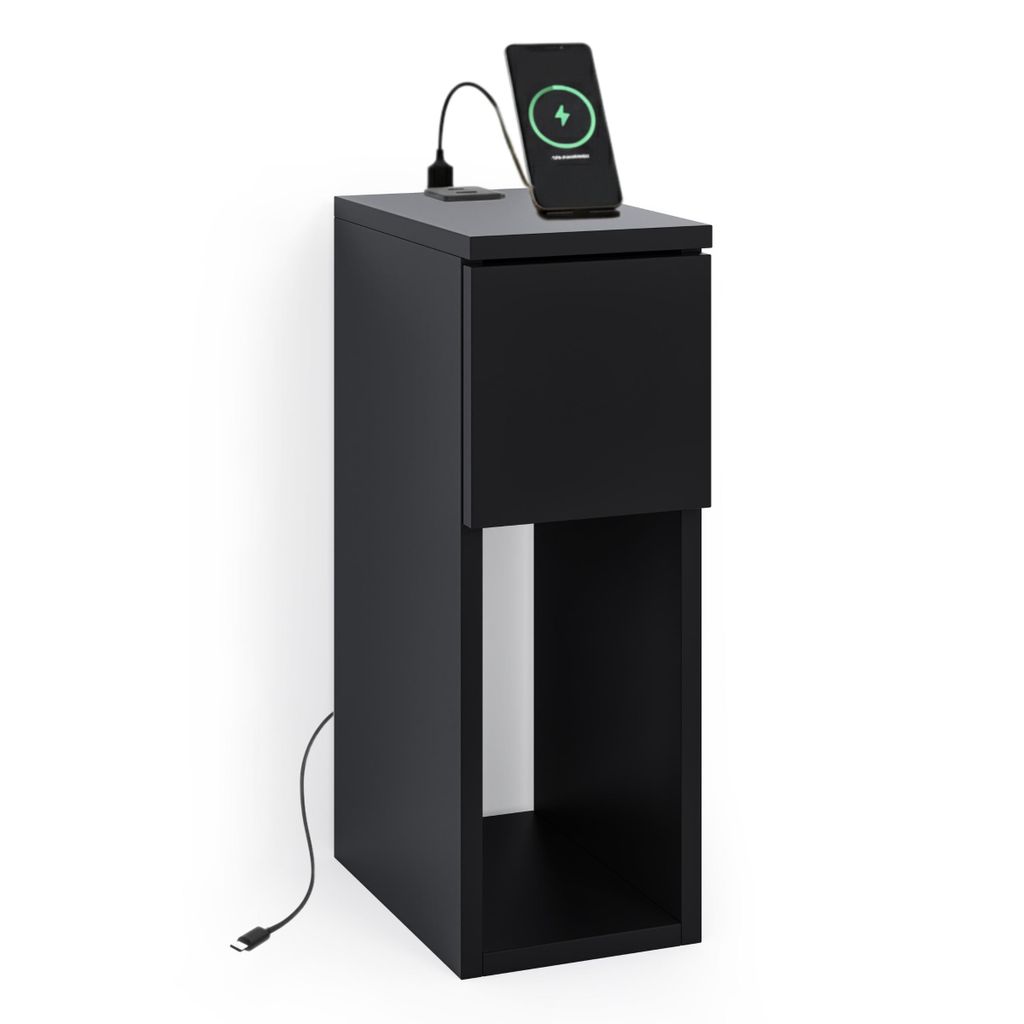 Nachttisch Beistelltisch schmal - Schwarz matt - mit USB USB C Ladeanschluss - Loft Design