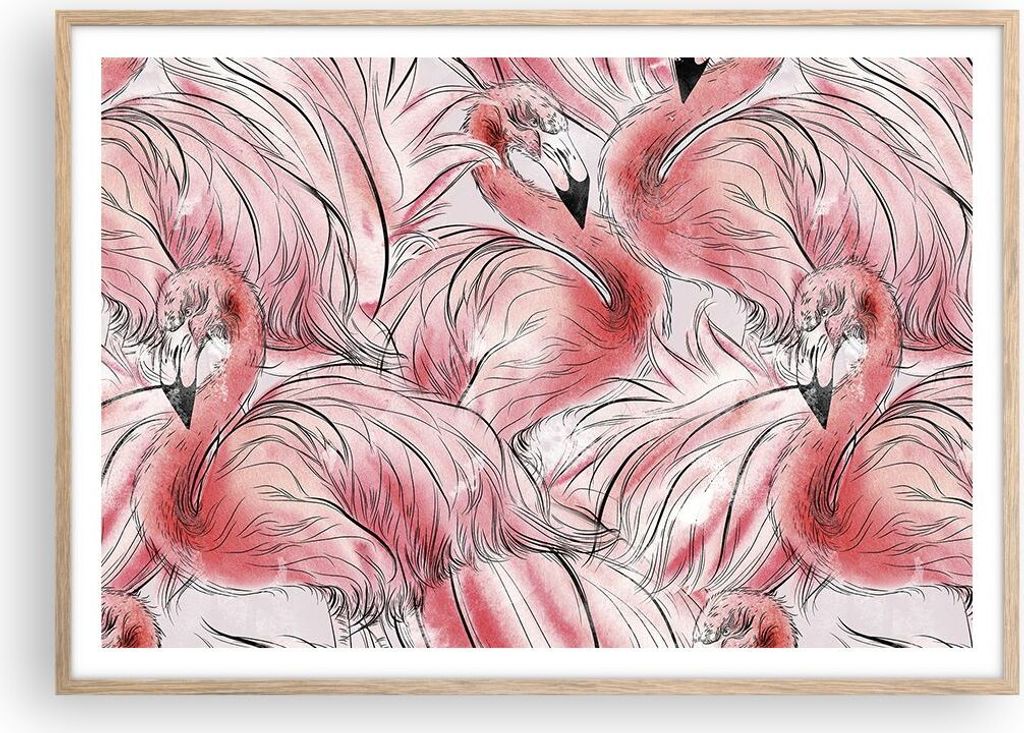 Gerahmtes Poster - Rahmen in heller Eiche - Flamingo Pink Exotik - 100x70 cm - Wand Bild - Wanddeko - Wandbilder - Kunstposter - Wandposter - Bilde...