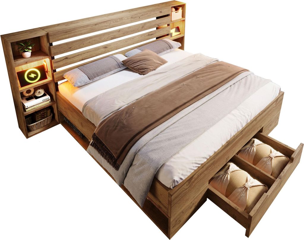 Doppelbett Massivholzbett 180×200cm, Stauraumbett Produktbild 