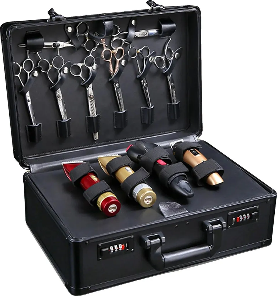 Valise de coiffure rigide noire avec compartiments, usage pro et nomade