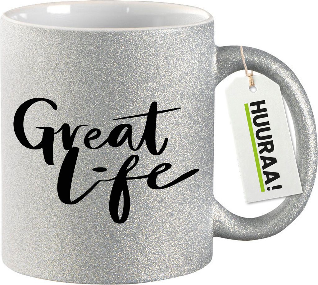 Huuraa Glitzertasse Great Life Schriftzug 330ml Silber Keramik Kaffeebecher Geschenkidee