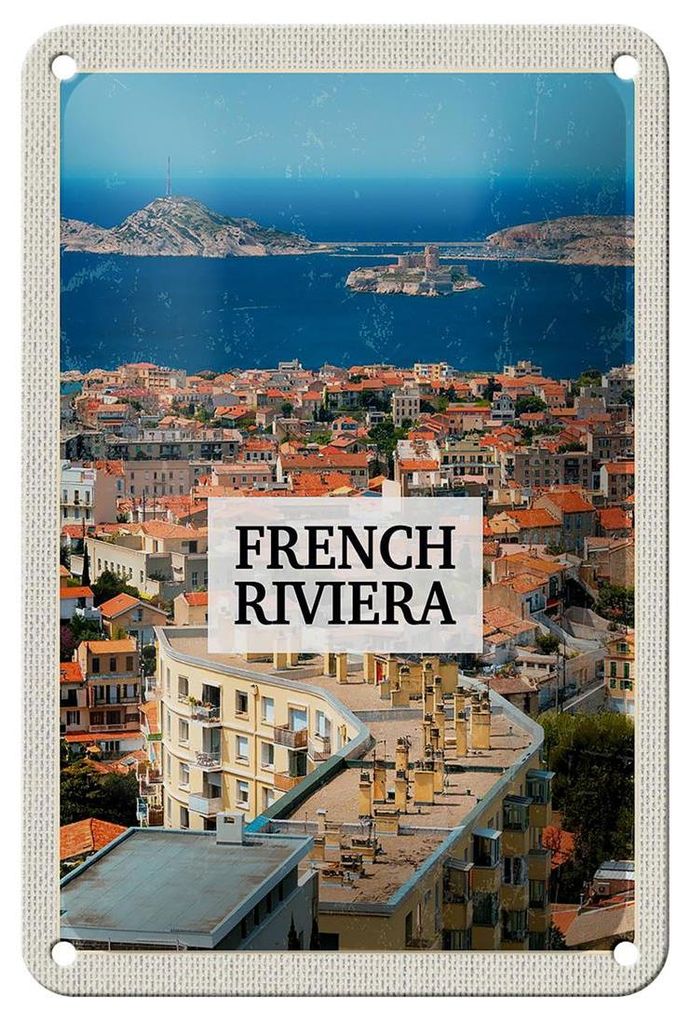 Blechschild Reise 12x18cm French Riviera Meer Panorama Urlaub Schild