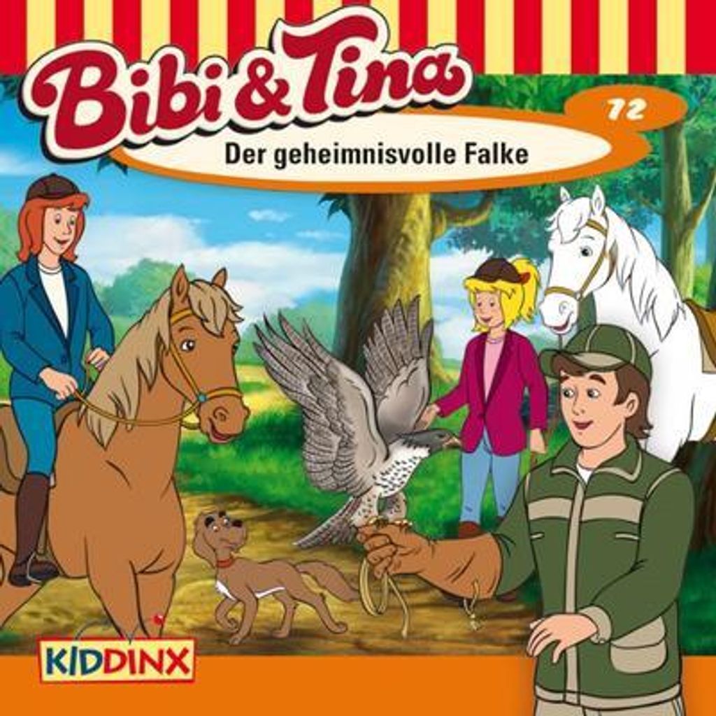 A group of characters, horses, and a falcon in a woodland setting, with a title banner at the top.