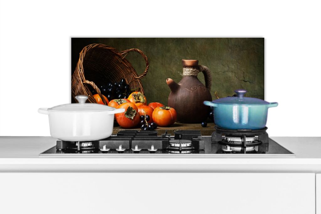 KitchenYeah Spritzschutz Küche - Küchenrückwand - Wandschutz für Herd und Spüle - Rustikal - Obst - Korb - Stilleben 60x30 - Alu-Dibond (Al...