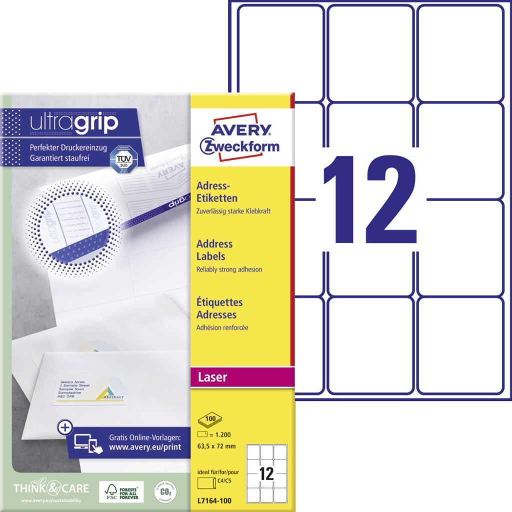 Avery Zweckform L7164-100 Adress-Etiketten, A4 mit ultragrip, 63,5 x 72 mm, 100 Bogen/1.200 Etiketten, weiß