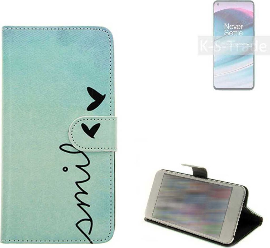 K-S-Trade Schutz Hülle Handy Hülle kompatibel mit OnePlus Nord CE 5G Hülle Handyhülle cover bookstyle Etui Handyhülle ''smile'' türkis