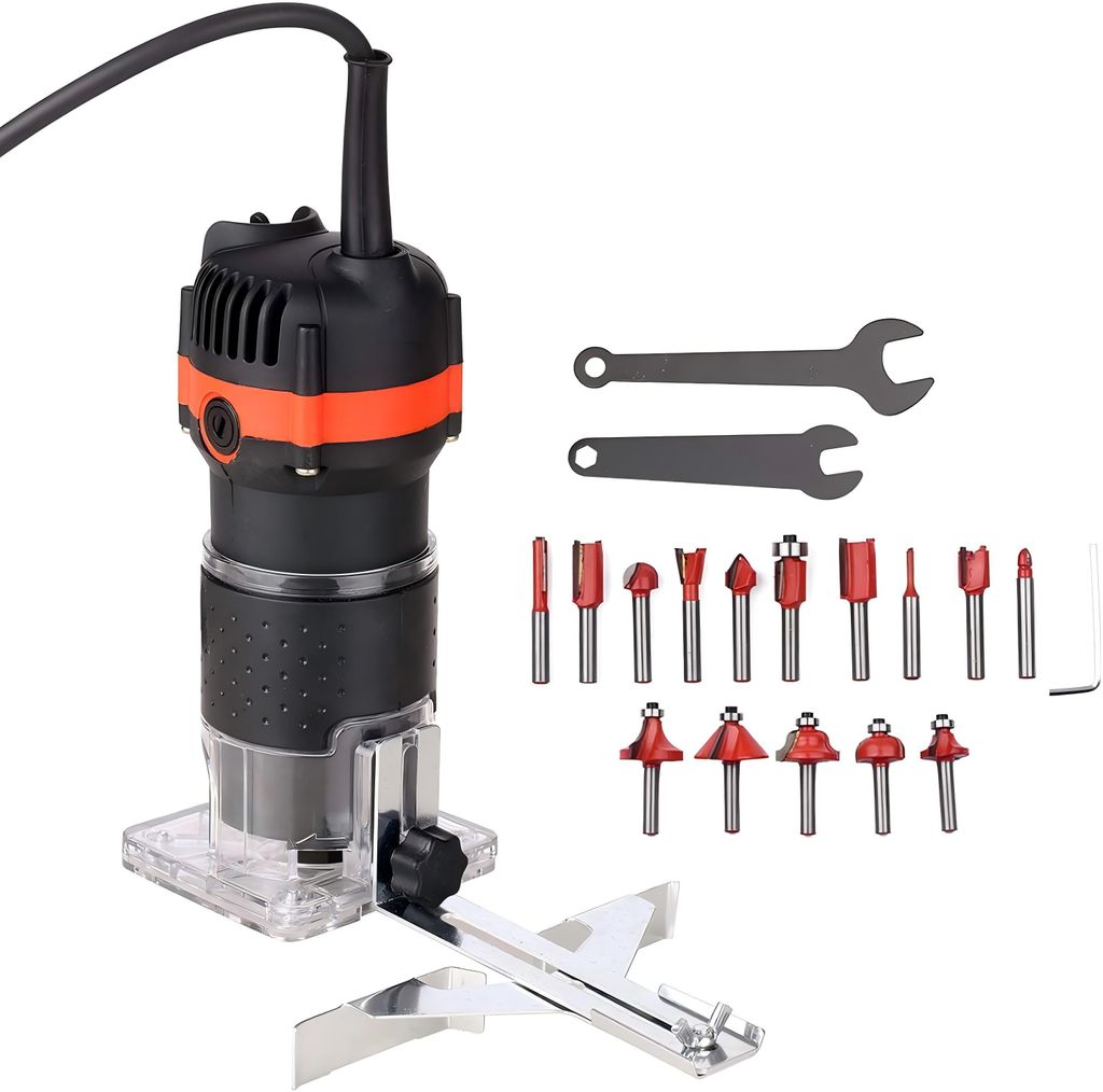 Kompaktes Holzfräsenwerkzeug, 800W 220V Handflächenfräsen-Set, Spannzange 6.35mm, Kantenfräse mit 15 Fräsern und Transparente Basis