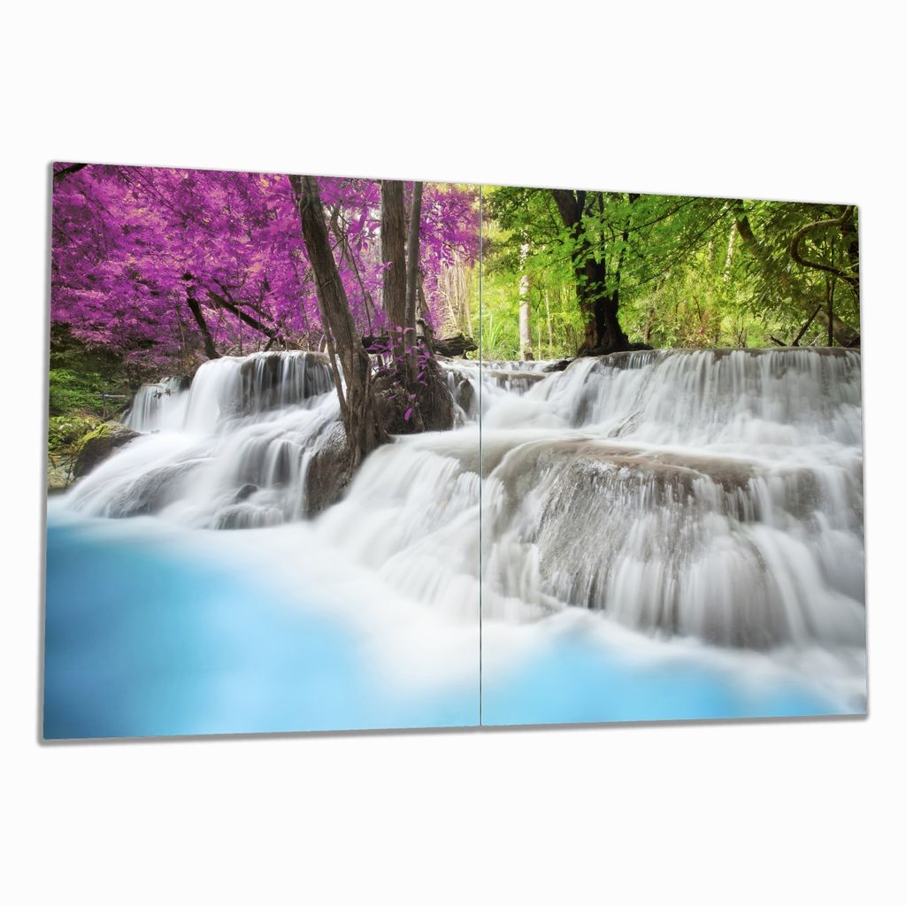 Wallario Herdabdeckplatte aus Glas, Größe 80 x 52 cm 2-teilig, Motiv Wasserfall in einem bunt gefärbten Wald