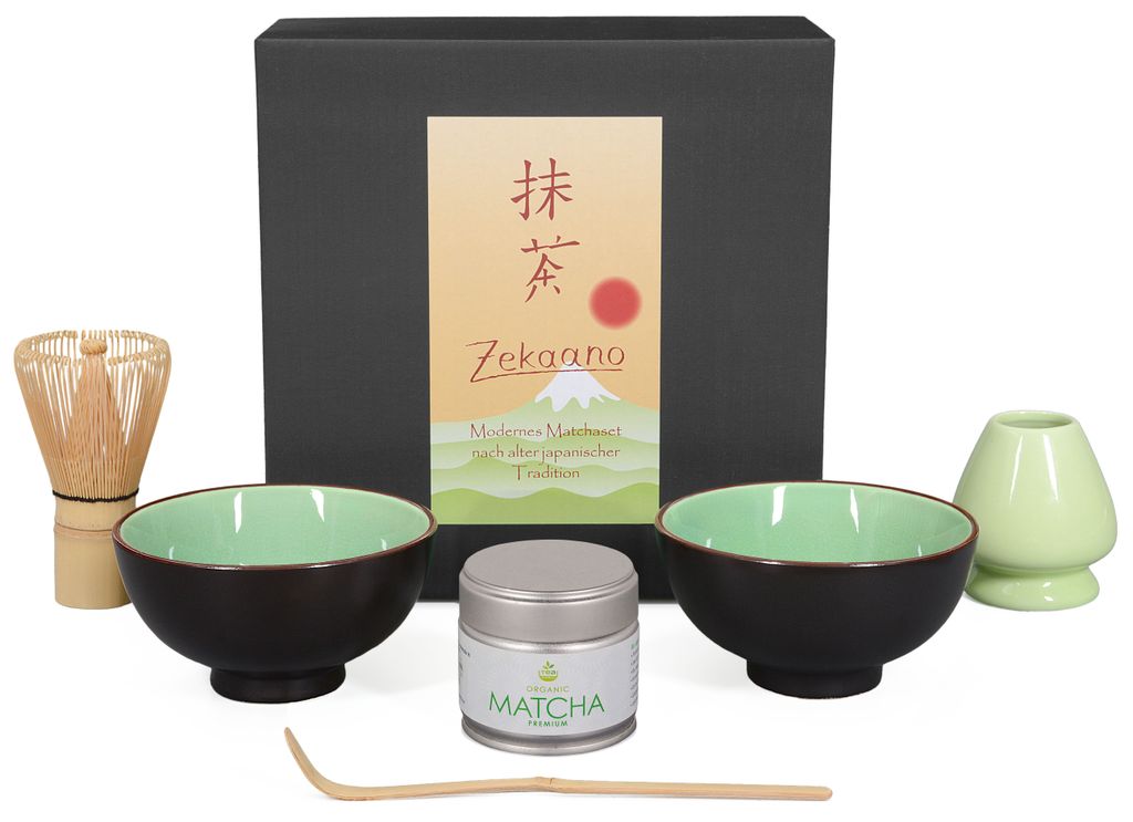 Matcha Set / Matchaset / 2x Matcha Schale 250ml, moosgrün mit Besen/Löffel/Halter/Tee in Geschenkbox