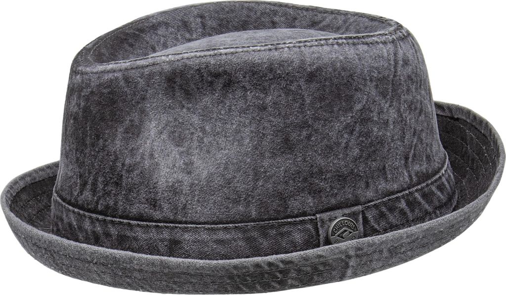 A close-up studio shot of a gray fedora hat.
