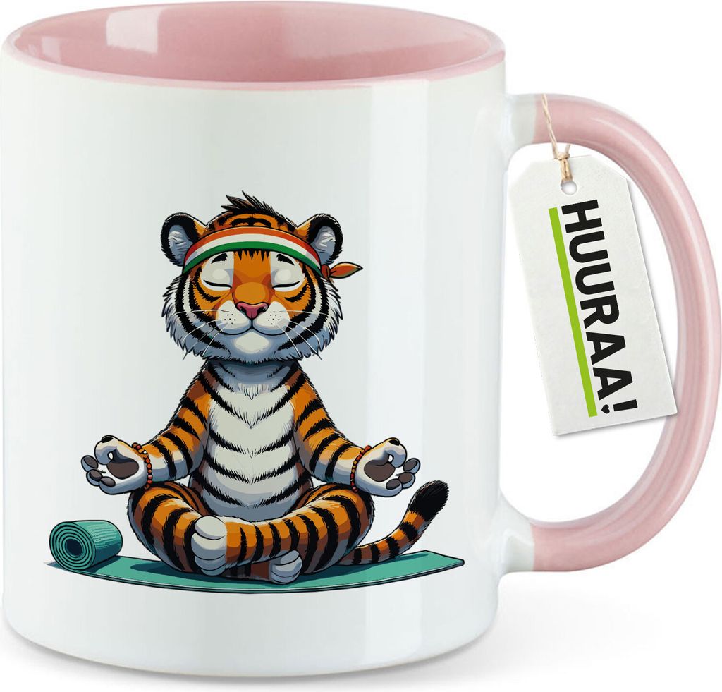 Huuraa Kaffeetasse Yoga Tiger Comic 330ml Rosa Keramik Kaffeebecher Geschenkidee