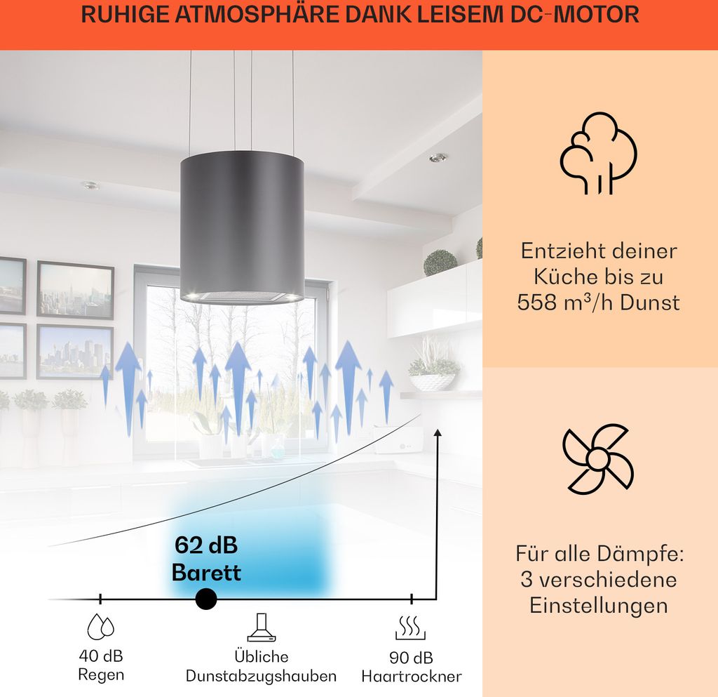 Klarstein Dunstabzug, Insel-Dunstabzug Freihängend, 583m³/h Produktbild 3