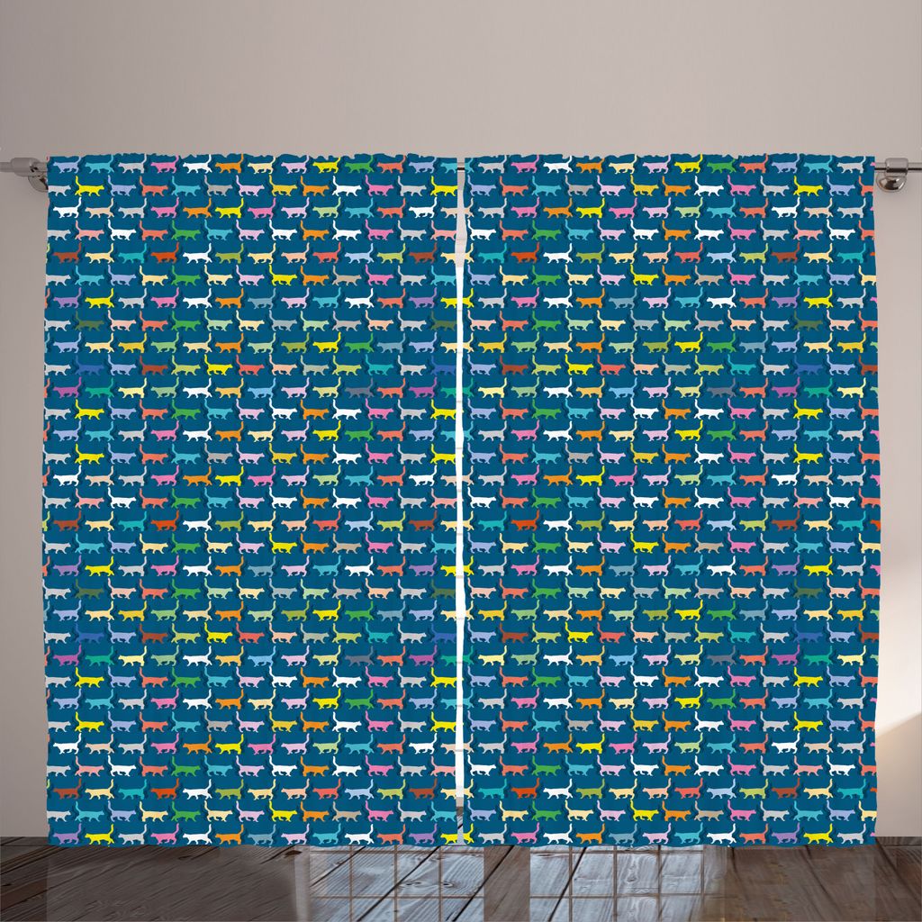 ABAKUHAUS Katzenliebhaber Rustikaler Vorhang, Kitty Silhouetten auf Blau, Wohnzimmer Universalband Gardinen mit Schlaufen und Haken, 280 x 225 cm, ...
