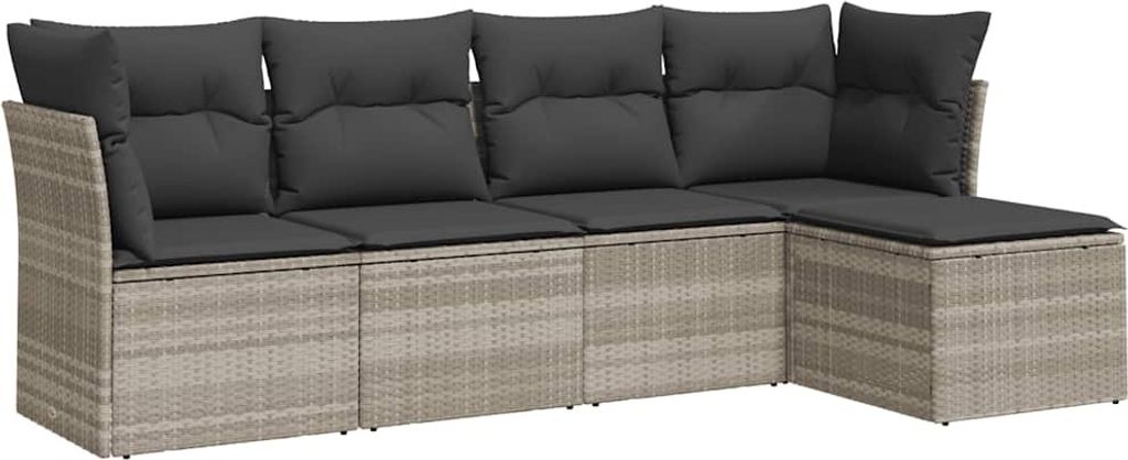 vidaXL 5-tlg. Garten-Sofagarnitur mit Kissen Hellgrau Poly Rattan