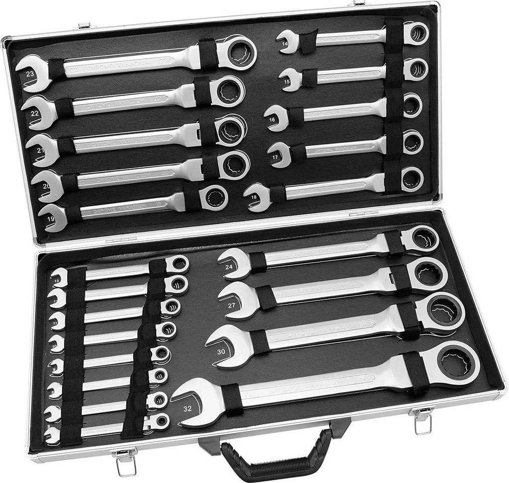 Ratschenringschlüssel Set - Gelenk-Kombischlüssel - Größe 6–32 mm - Set 22-teilig - Chrom-Vanadium-Stahl - Silber