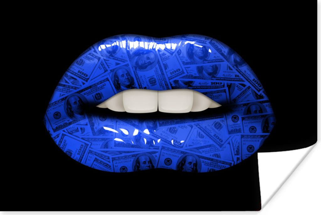 MuchoWow Poster Lippen - Geld - Blau 90x60 cm - Schlafzimmer