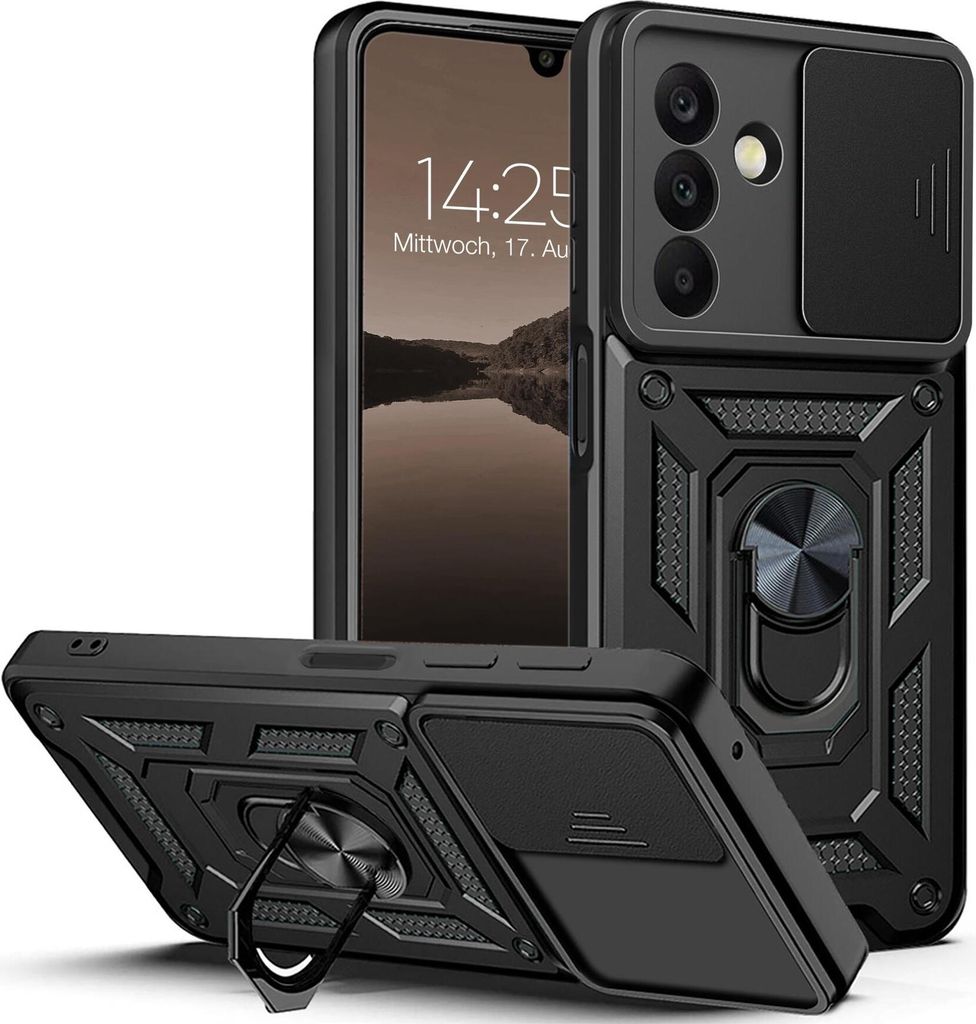 A black armor phone case with a sliding camera cover and a ring stand, shown from multiple angles.