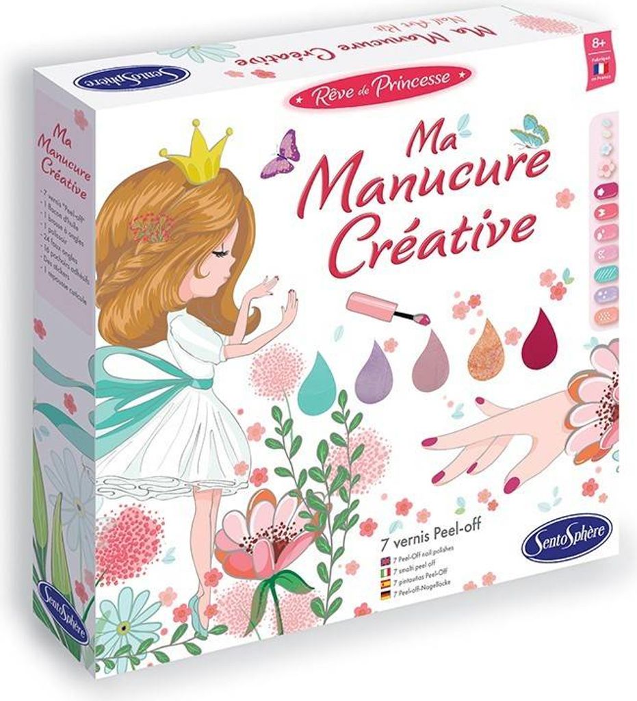 A product box for a children's nail art kit, featuring illustrations of a princess, nail polish, and flowers.