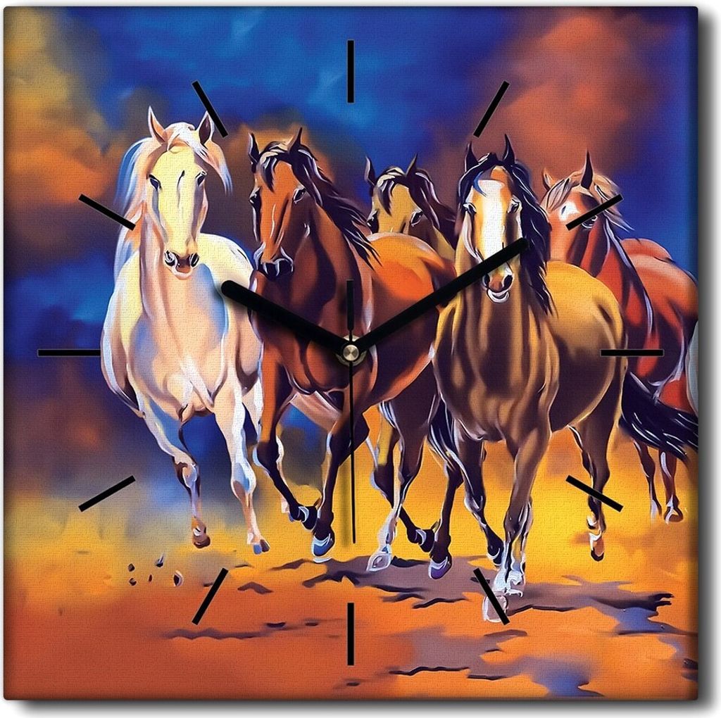 Coloray Uhr auf Leinwand 30x30 cm Wand Uhr Dekoration Wohnzimmer Segeltuch schwarze Hände -Pferde Tiere Galopp.