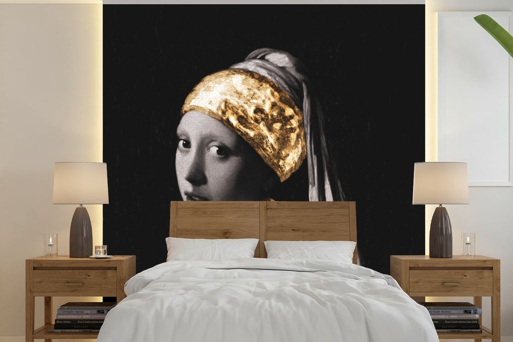 MuchoWow Fototapete für Wohnzimmer oder Schlafzimmer Wandtapete Vinyl Motivtapete Das Mädchen mit dem Perlenohrring - Vermeer - Gold - 220x220 ...
