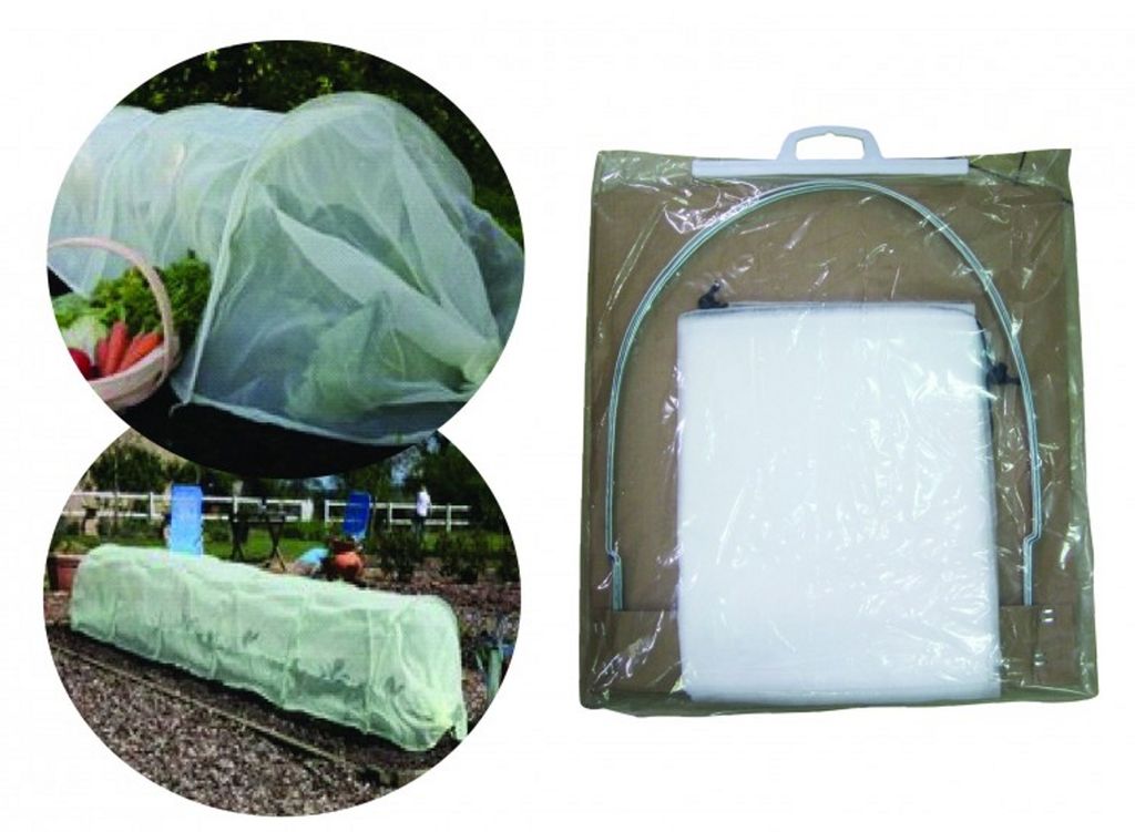 Collage showing a plant tunnel in use in a garden and its packaging.