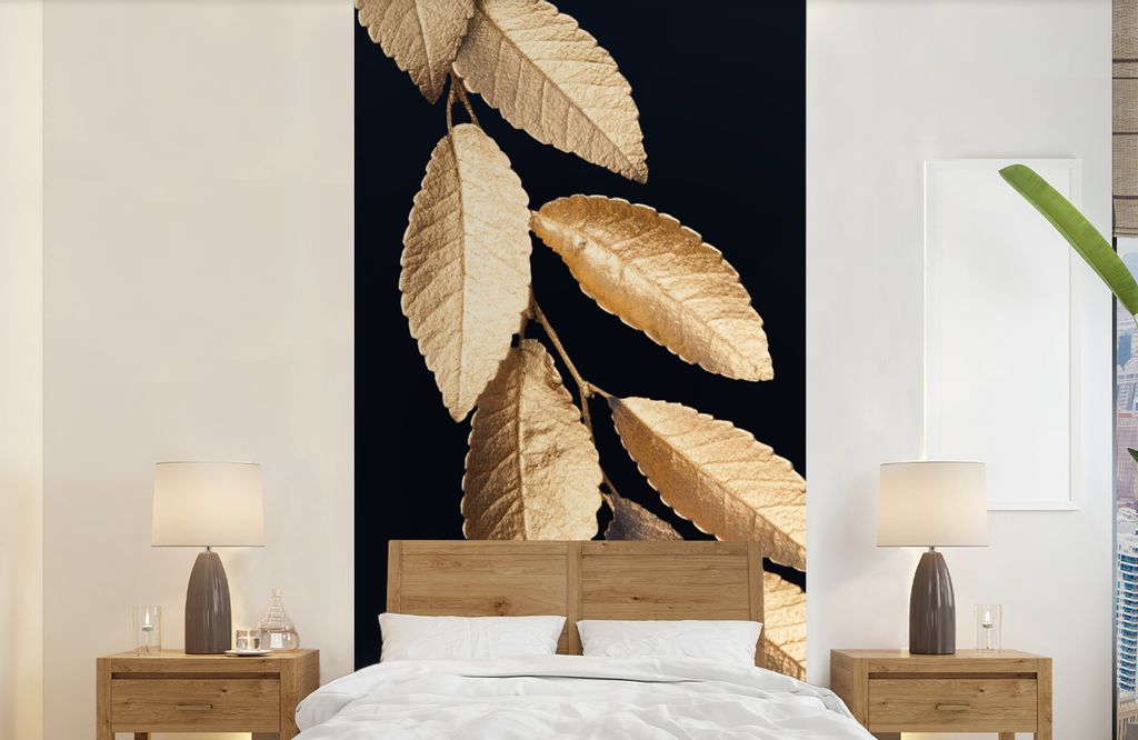MuchoWow Fototapete für Wohnzimmer oder Schlafzimmer Wandtapete Vinyl Motivtapete Blätter - Schwarz - Gold - Luxus - Pflanzen - 120x240 cm - Hi...