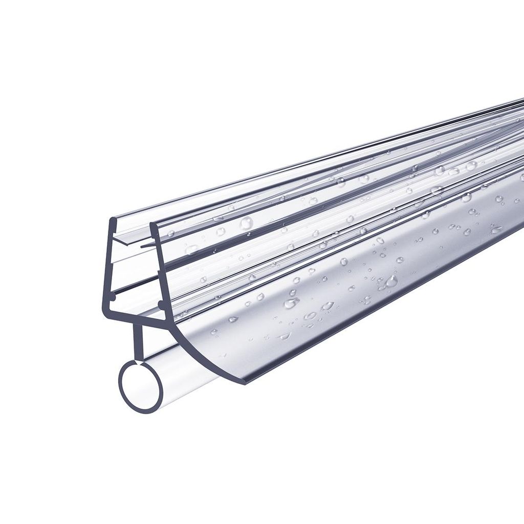 A close-up studio shot of a clear plastic shower door seal with water droplets on it.