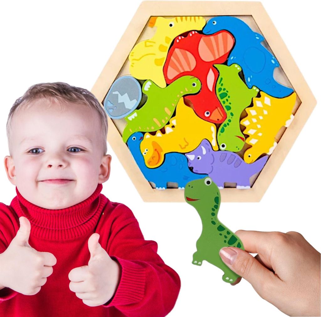 Buntes Holzpuzzle mit Rahmen - Dinosauriermuster