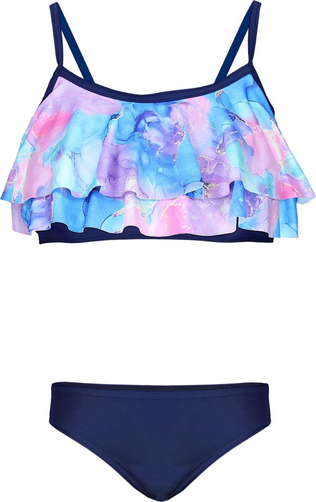 Aquarti Mädchen Bikini Set Bustier Bikinislip Zweiteiliger Badeanzug, Farbe: 030D mit Rüschen / Tie Dye / Blau / Lila / Rosa, Größe: 158