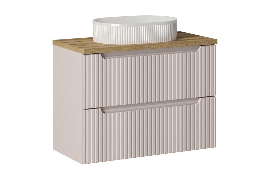 Badmöbel-Set Mit Arbeitsplatte 80 cm Aufsatzwaschbecken & Unterschrank (80 cm 2 Schubladen) , Nova Cashmere N BM161 - Kaschmir/ Evoke Eiche