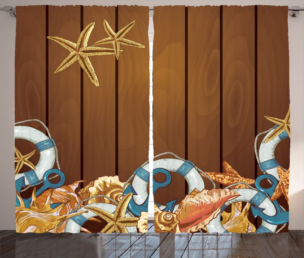 ABAKUHAUS Nautisch Rustikaler Vorhang, Seashell Anker aus Holz, Wohnzimmer Universalband Gardinen mit Schlaufen und Haken, 280 x 225 cm, Braun Blau...