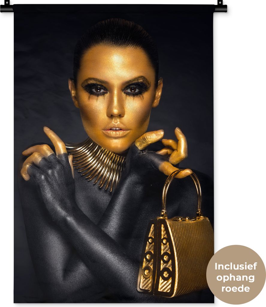 MuchoWow Wandteppich Wandbehang Make-up - Tasche - Gold - Luxus - Frau 60x90 cm Tapisserie Dekoration Wandtuch - Foto-Teppich - Abwaschbar