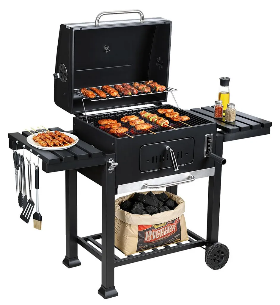 Barbecue au charbon mobile pour terrasse et jardin avec grand chariot