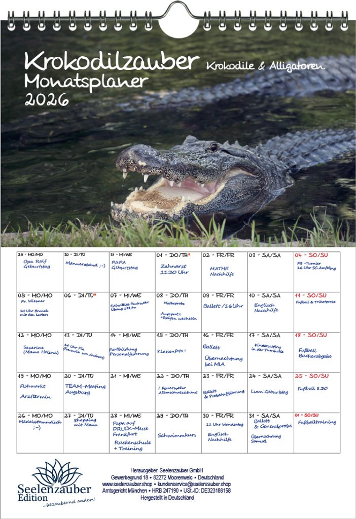 Krokodilzauber Planer DIN A4 Kalender für 2026 Krokodile und Alligatoren - Seelenzauber