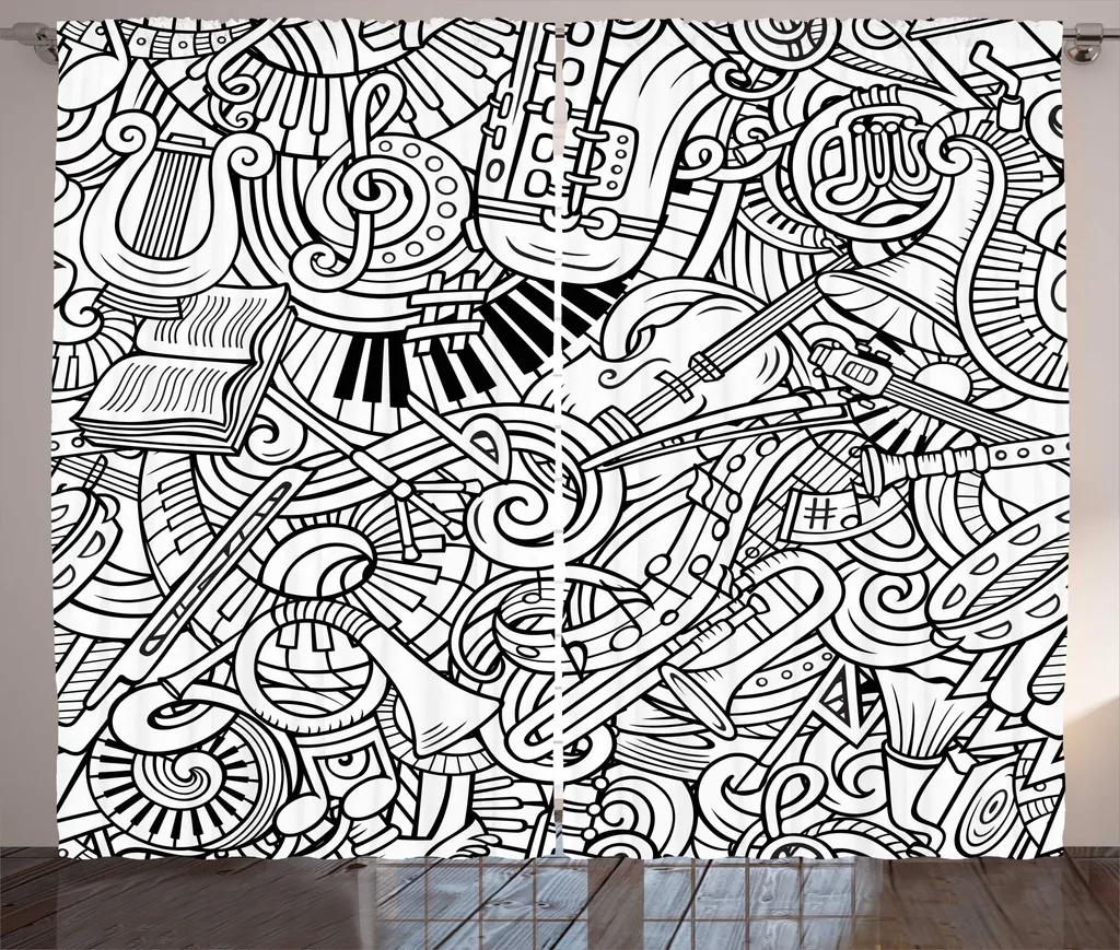 Rideau Musique Rustique Imprimé Chaotic Doodle avec Crochets 280x225cm