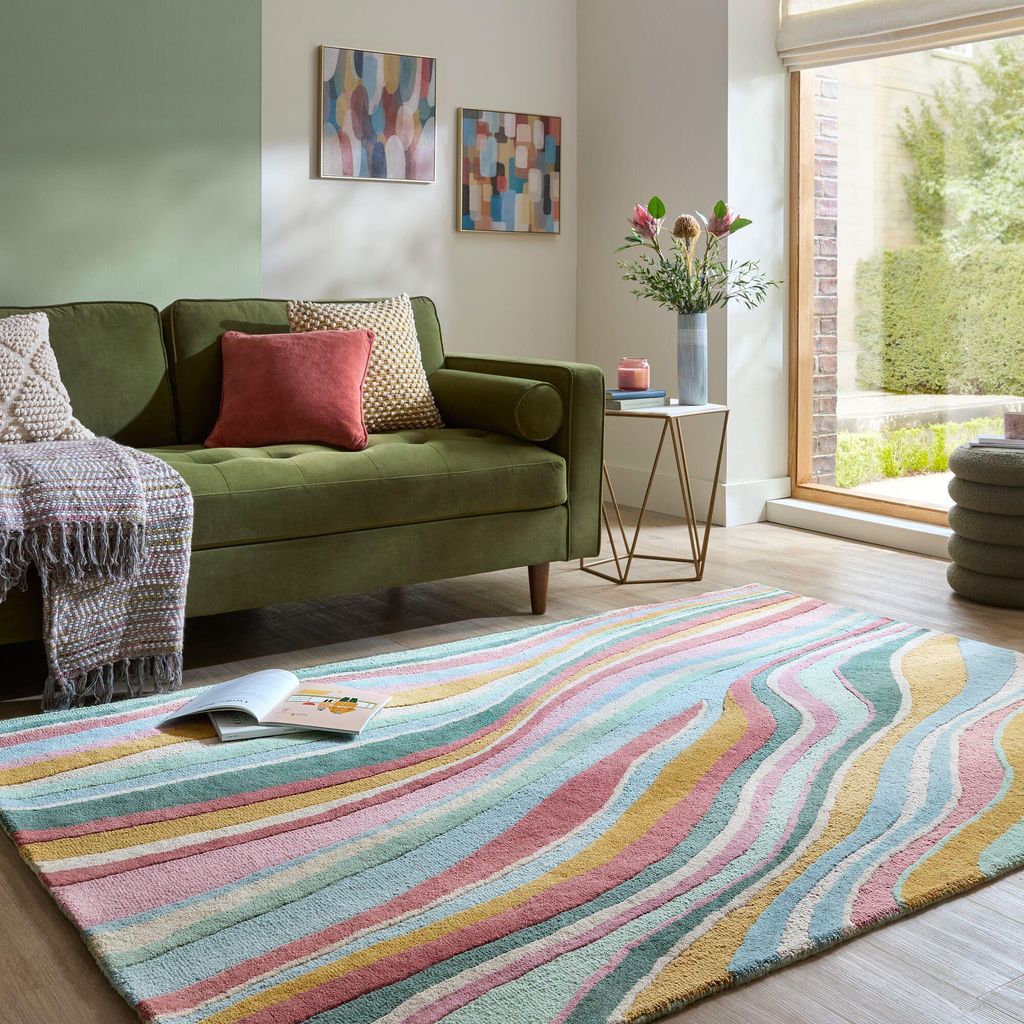 Wollteppich Wellen Muster, Abstrakt, Wohnzimmer Multicolor-Grün Rechteckig 120x170 | 100% Wolle, Rücken aus 100% Baumwolle | Florhöhe: 10 cm | H...