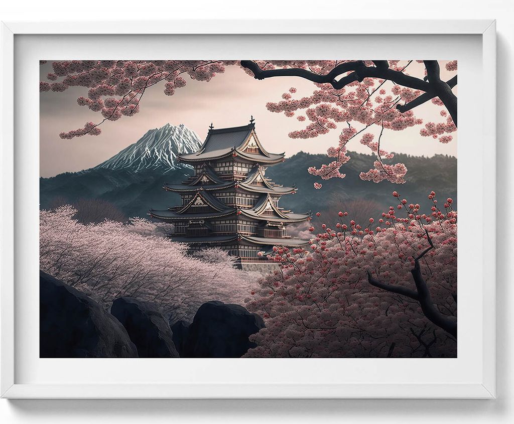 Asiatischer Turm und Kirschblüten– Wandbild mit Rahmen – Gerahmtes Bild – Wanddekoration – 80x60 cm – Weiß Rahmen