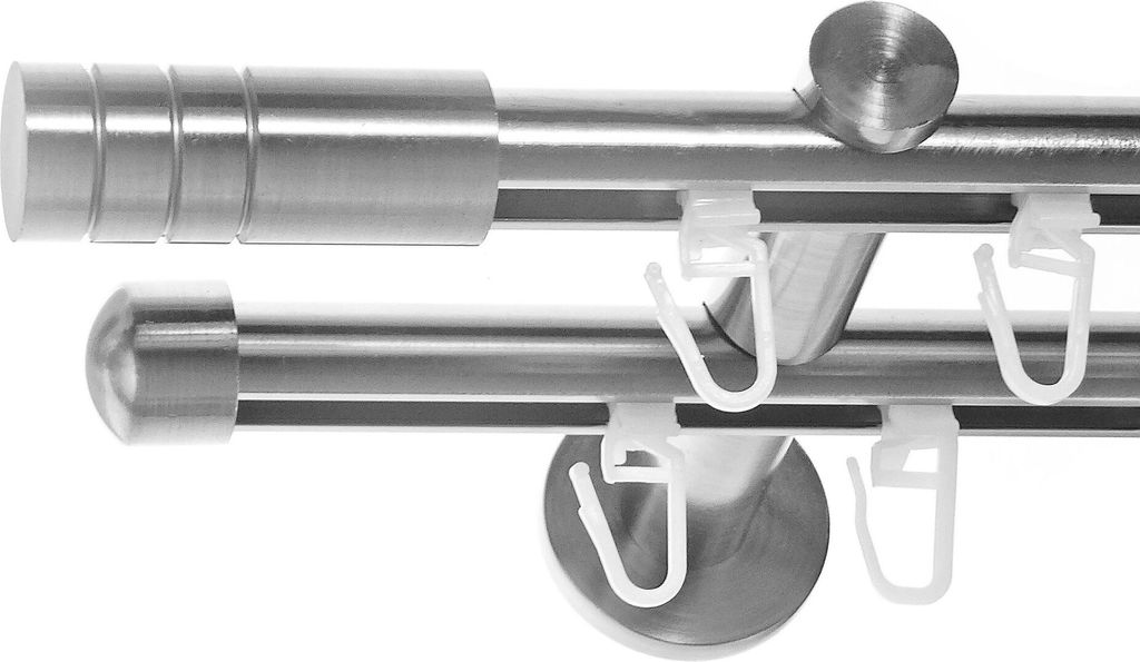 Innenlauf Gardinenstange Edelstahl look, Durchmesser 16mm, Wandträger H80, 2-läufig, Länge 280, Endkappe E28