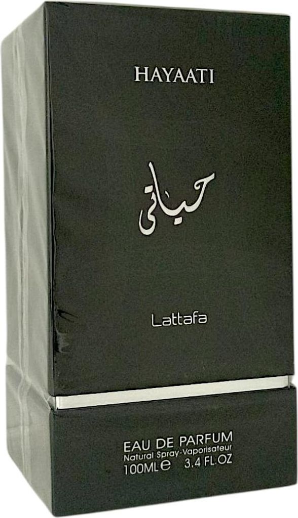 A black perfume box with silver text.