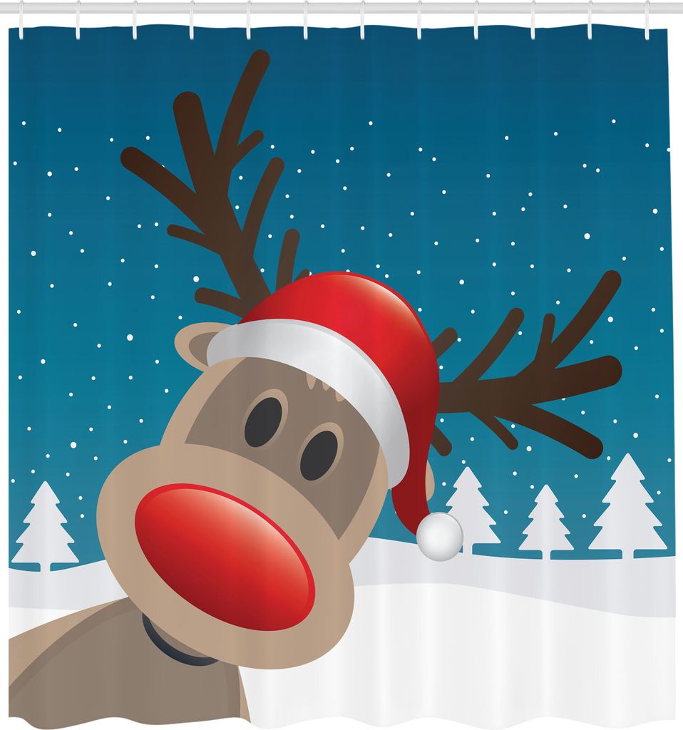ABAKUHAUS Weihnachten Duschvorhang, Weihnachtsferien Thema Rudolph das Rentier mit Nikolaus Mütze, Stoffliches Gewebe Badezimmerdekorationsset mit...