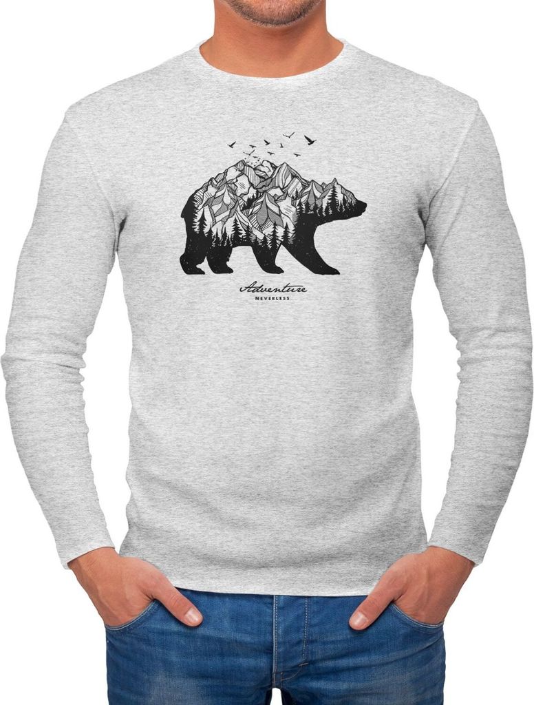 Herren Long-Sleeve Bär Berge Wald Bear Mountains Adventure Langarm-Shirt Neverless grau-melange M