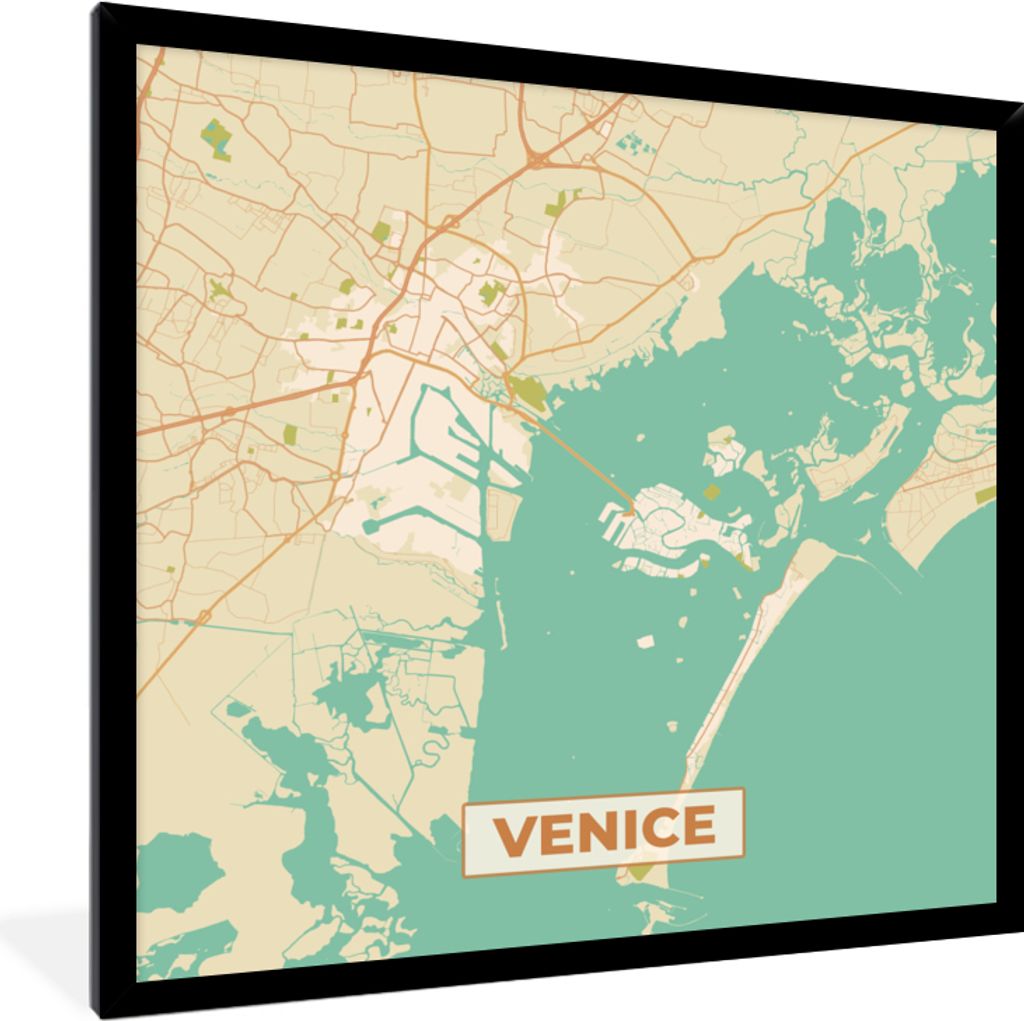 MuchoWow Gerahmtes Poster Venedig - Stadtplan - Karte - Vintage 40x40 cm - Poster mit Schwarzem Bilderrahmen Wandposter Rahmen Foto Bilder - Mit ...