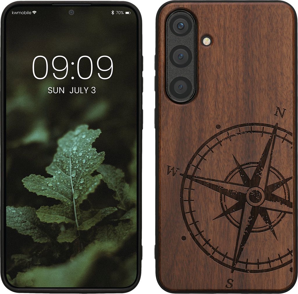kwmobile Hülle kompatibel mit Samsung Galaxy S24 Plus Hülle - Holz Case - Handy Cover - TPU Handyhülle in Dunkelbraun Kompass Vintage