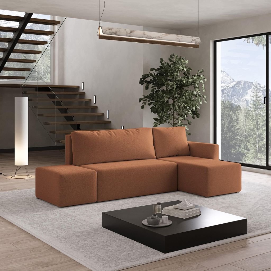 Masseno Ecksofa VELOTTI R-S mit Schlaffunktion L-Form, Sofa mit Bettkasten, Wohnzimmersofa, Couch, Soffa, Bettsofa, Couchgarnitur- Orange, QUELLE 54