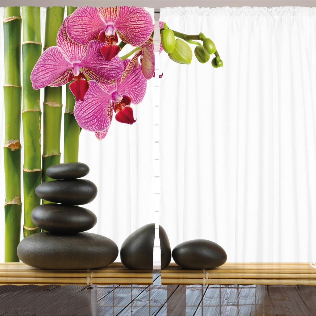ARANDE Spa Gardine, Schöne rosa Orchidee mit Bambus und schwarzem Hot Stone Massage Bild drucken, 280 x 260 cm, Schwarz Grün Rosa